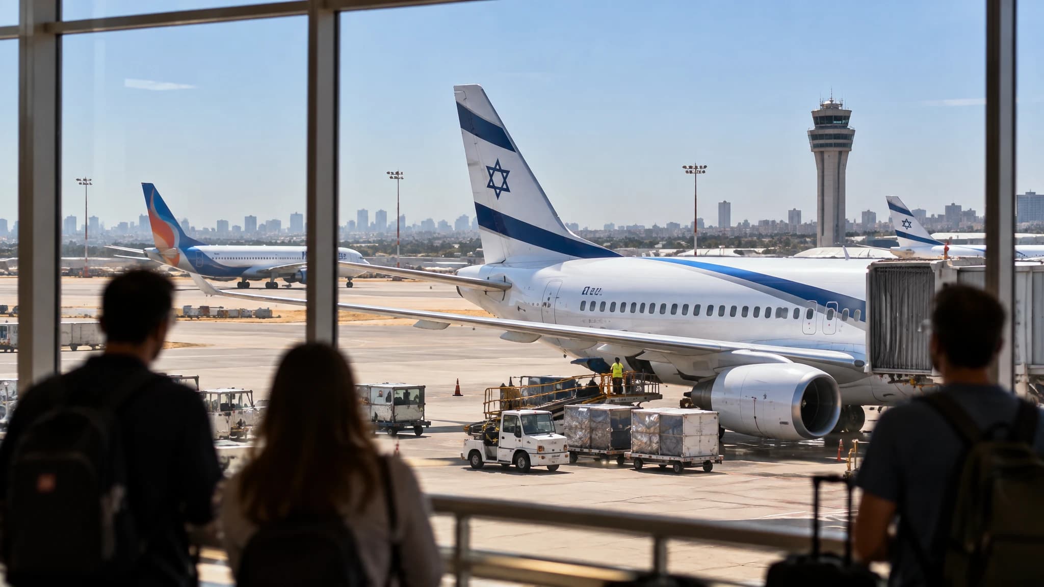 מטוס נוסעים של חברת תעופה ישראלית חונה על מסלול נמל התעופה בן גוריון באור יום